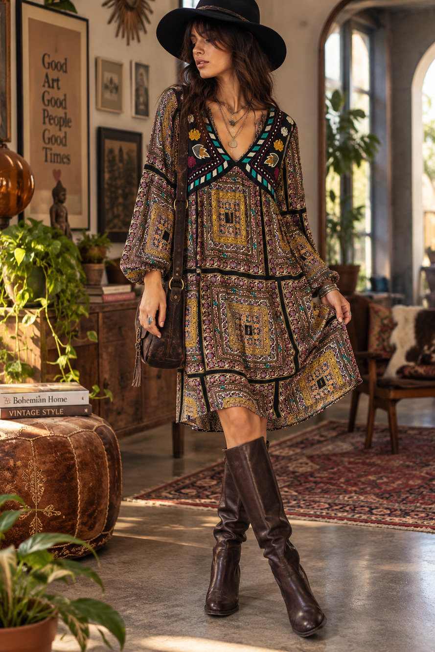 Y2K Xhilaration XXL Embroidered Boho Peasant Dress Scarf Print Balloon Sleeve